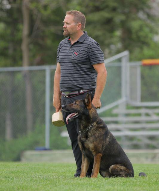 Vom Banach DDR German Shepherd at trial, standing next to his trainer.